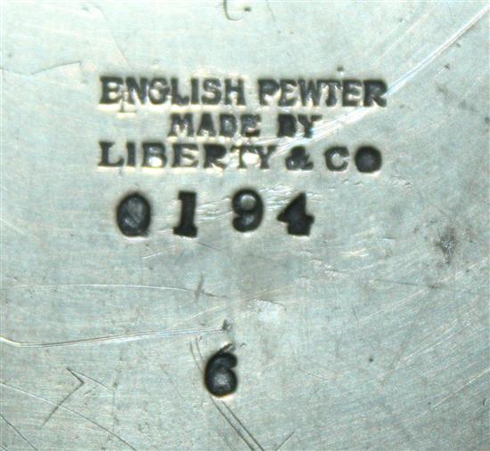 A Liberty English pewter biscuit box, designed by Archibald Knox, W.6in.